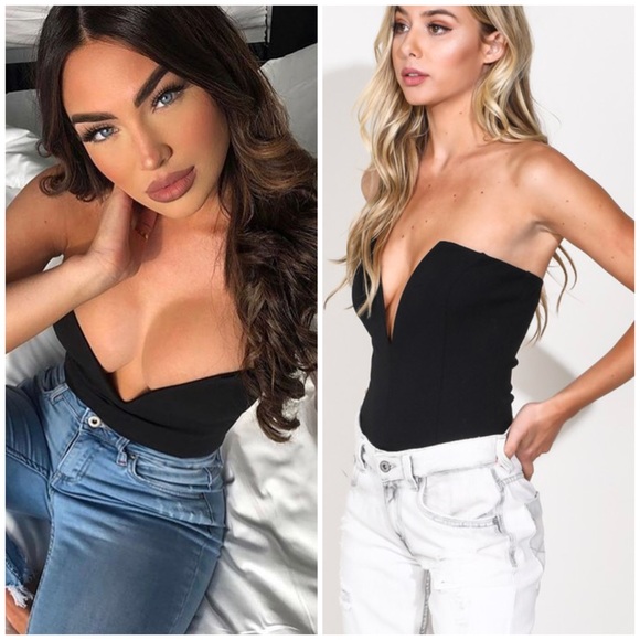 Tops - Black Sexy Deep V-Neck Strapless Bodysuit